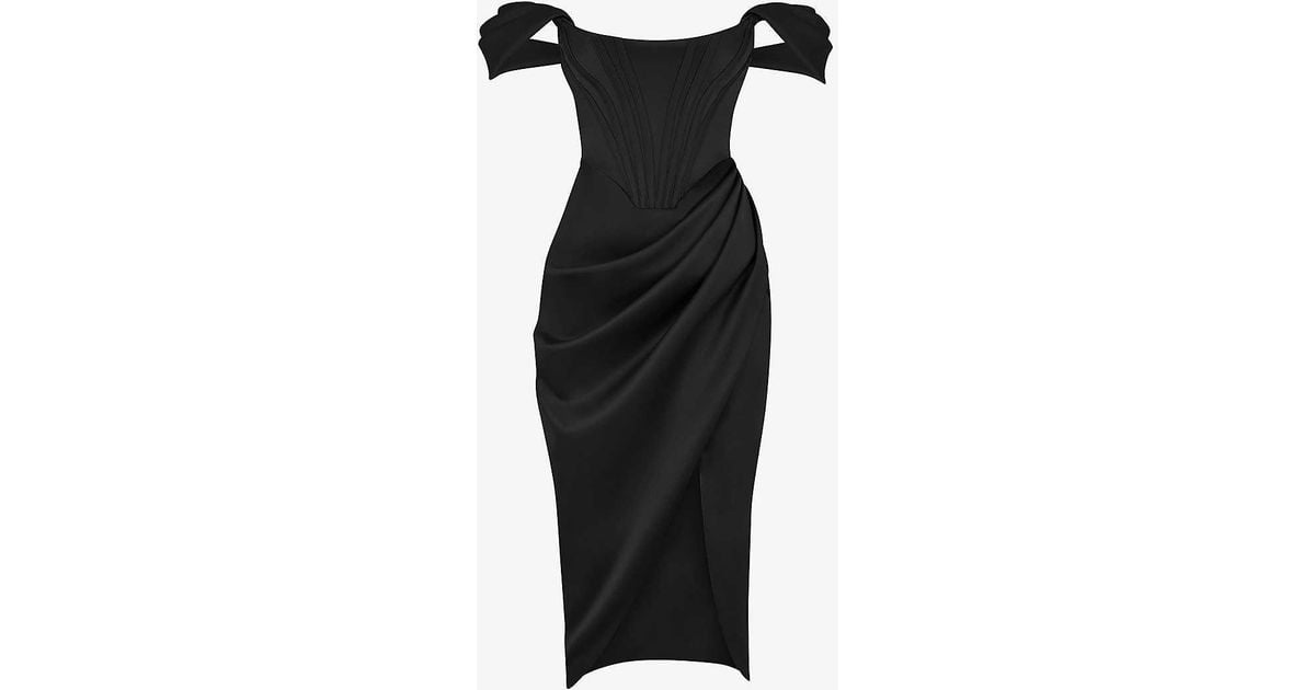 House Of Cb Loretta Offshoulder Satin Midi Dress in Black Lyst