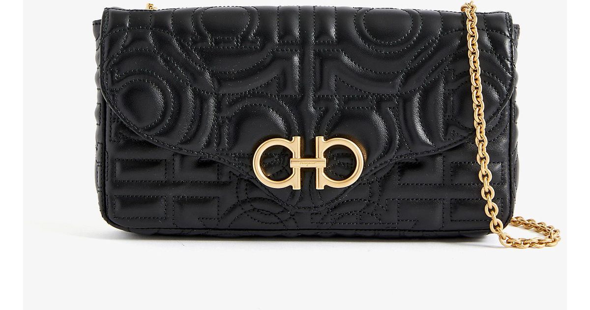 Ferragamo Gancini Quilted Leather Wallet On Chain in Black