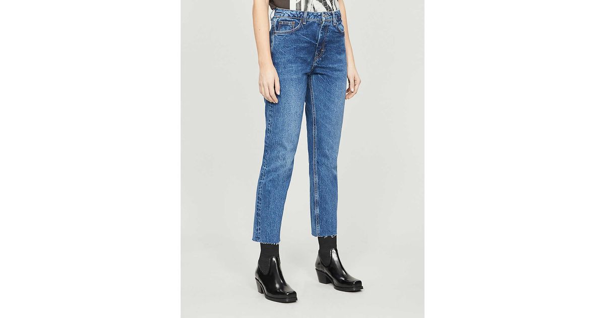 considered mid blue raw hem organic cotton straight jeans