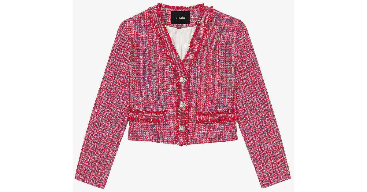 Maje V-neck Raw-trim Tweed Jacket in Pink | Lyst
