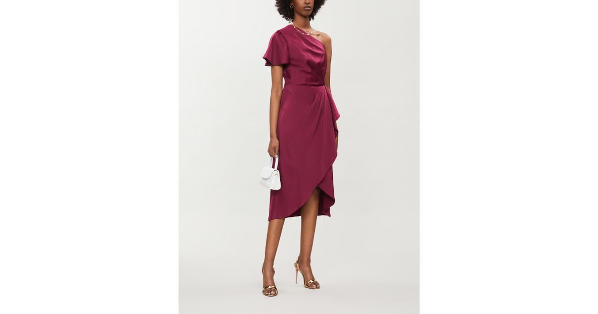 Ted Baker Red Ridah One shoulder Satin Waterfall Midi Dress
