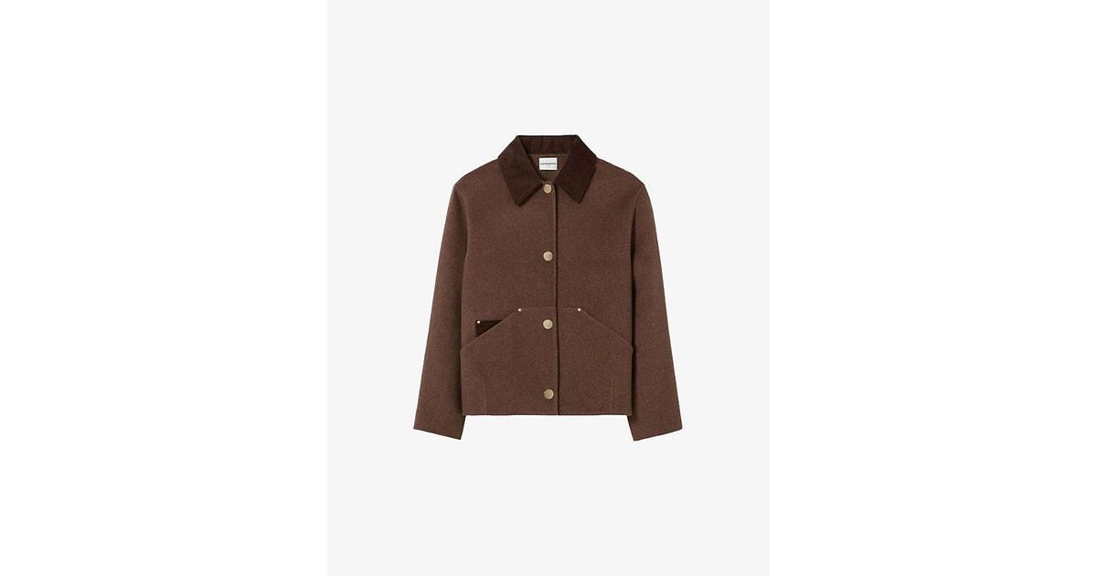 Claudie Pierlot Corduroy-Collar Wool-Blend Coat in Brown | Lyst