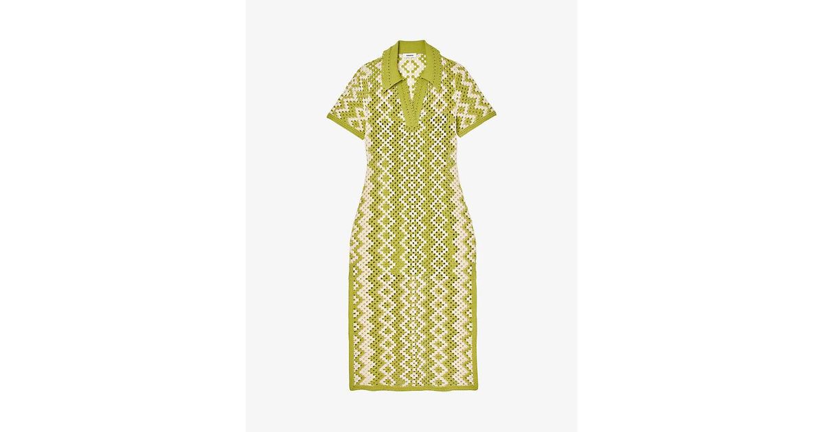 Sandro Oona Crochet-pattern Cotton-knit Midi Dress in Yellow | Lyst