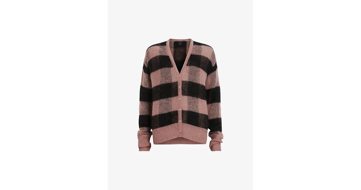 AllSaints Renee V-neck Checked Wool And Mohair-blend Cardigan in Black |  Lyst