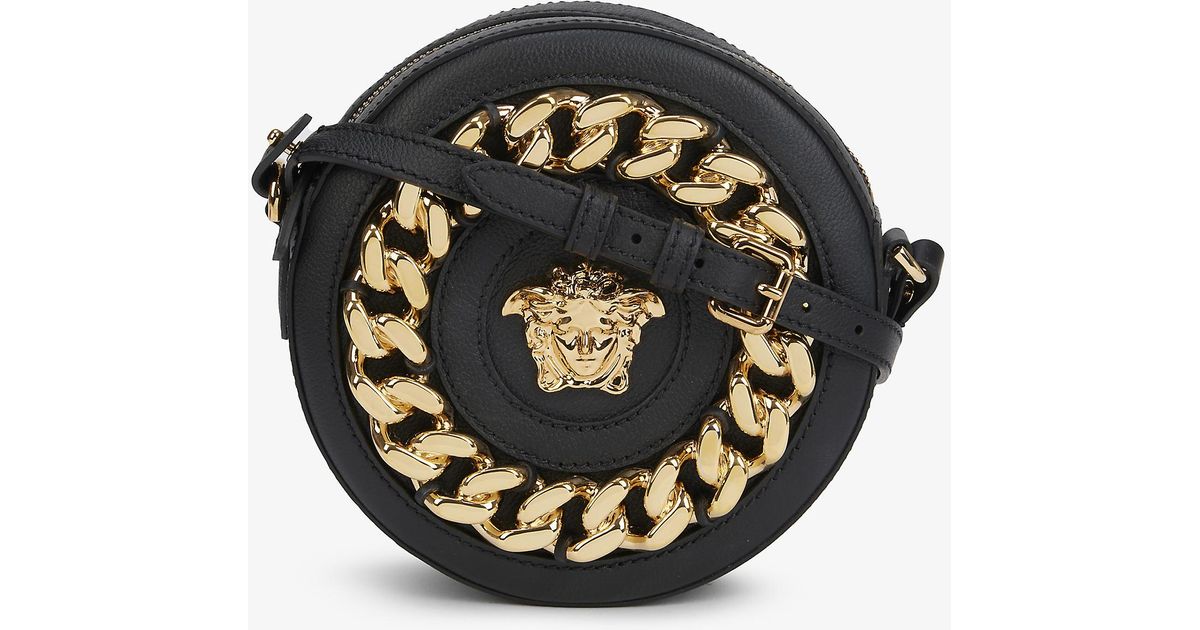 Versace La Medusa Round Leather Crossbody Bag in Black Gold (Black