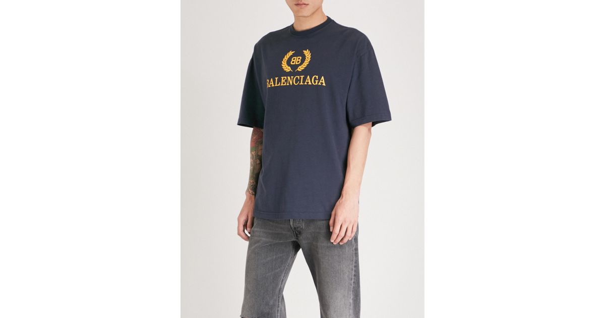 Balenciaga Bb Leaf-logo Cotton-jersey T-shirt in Navy (Blue) for Men - Lyst