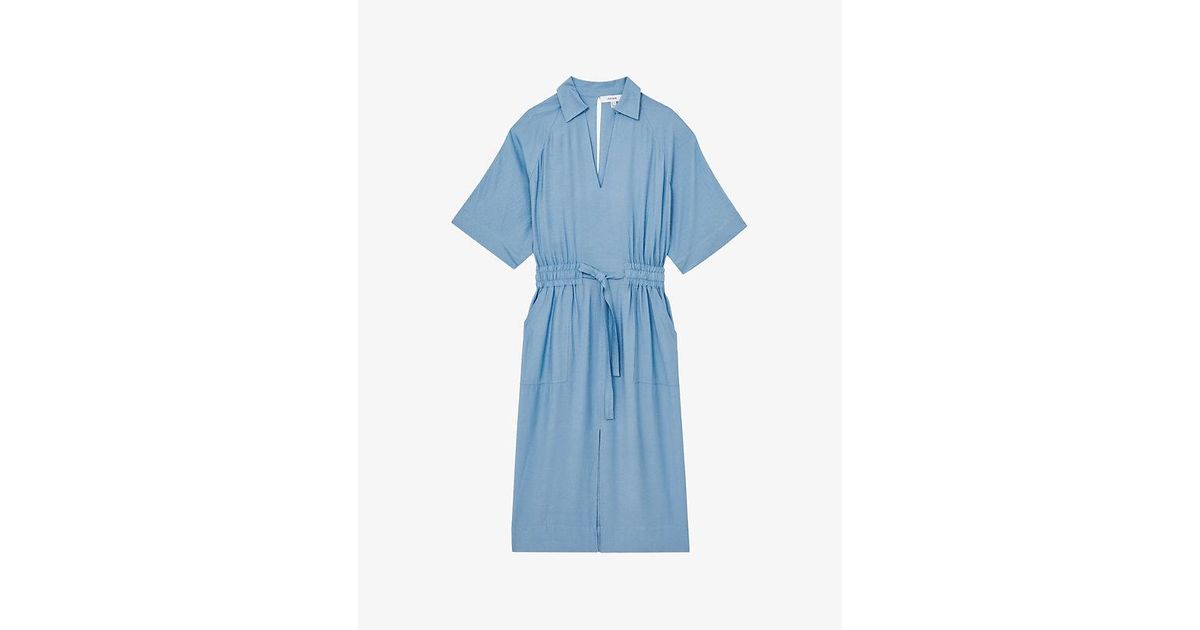 【海外限定】REISSワンピース☆Blue Cecilia Shirred-Waist Midi Buy Reiss Blue Cecilia Shirred-Waist Midi Shirt Dress from