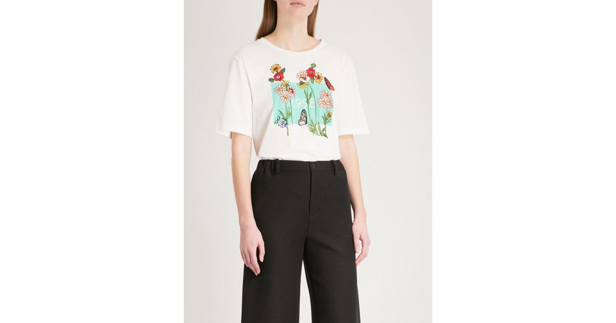 Maje Floral Embroidered Cotton-jersey T-shirt in White | Lyst