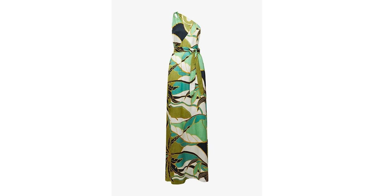 Reiss Tina Graphic-print One-shoulder Woven Maxi Dress in Green | Lyst
