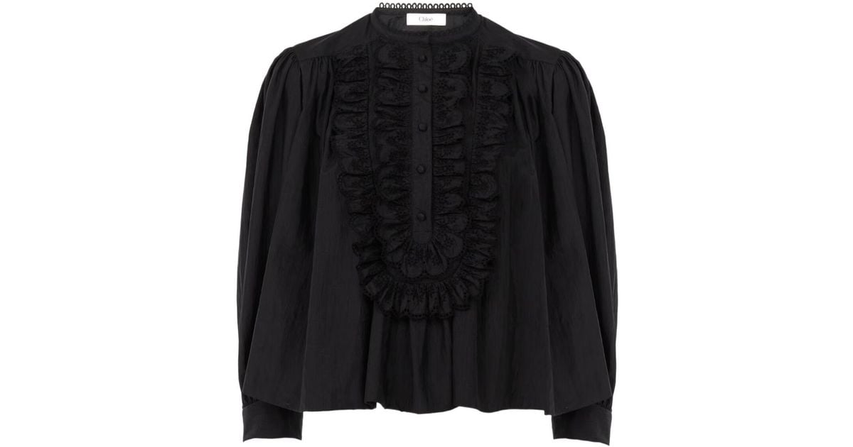 Chloé Chloé Gathered Ruffle Top in Black | Lyst