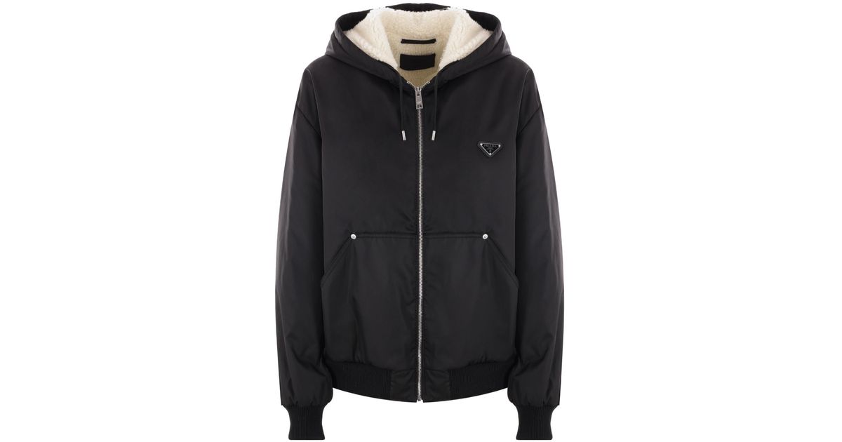 Prada Re-Nylon Triangle-Logo Zipped Hooded Jacket in Black for Men