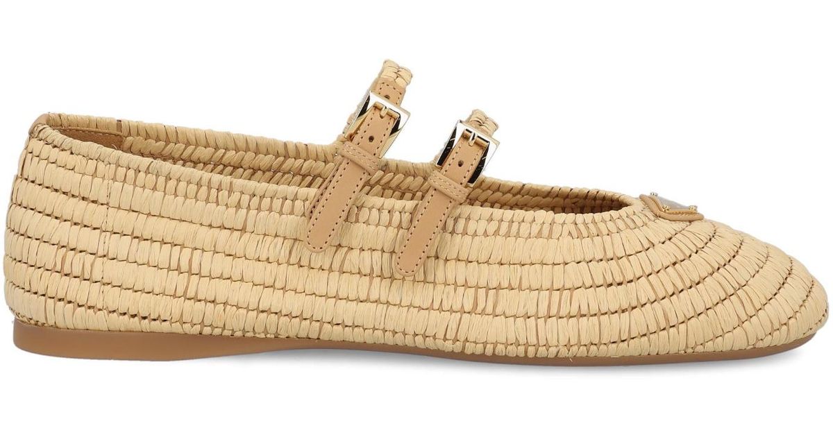 Prada Raffia Mary Jane Flat in Natural | Lyst UK