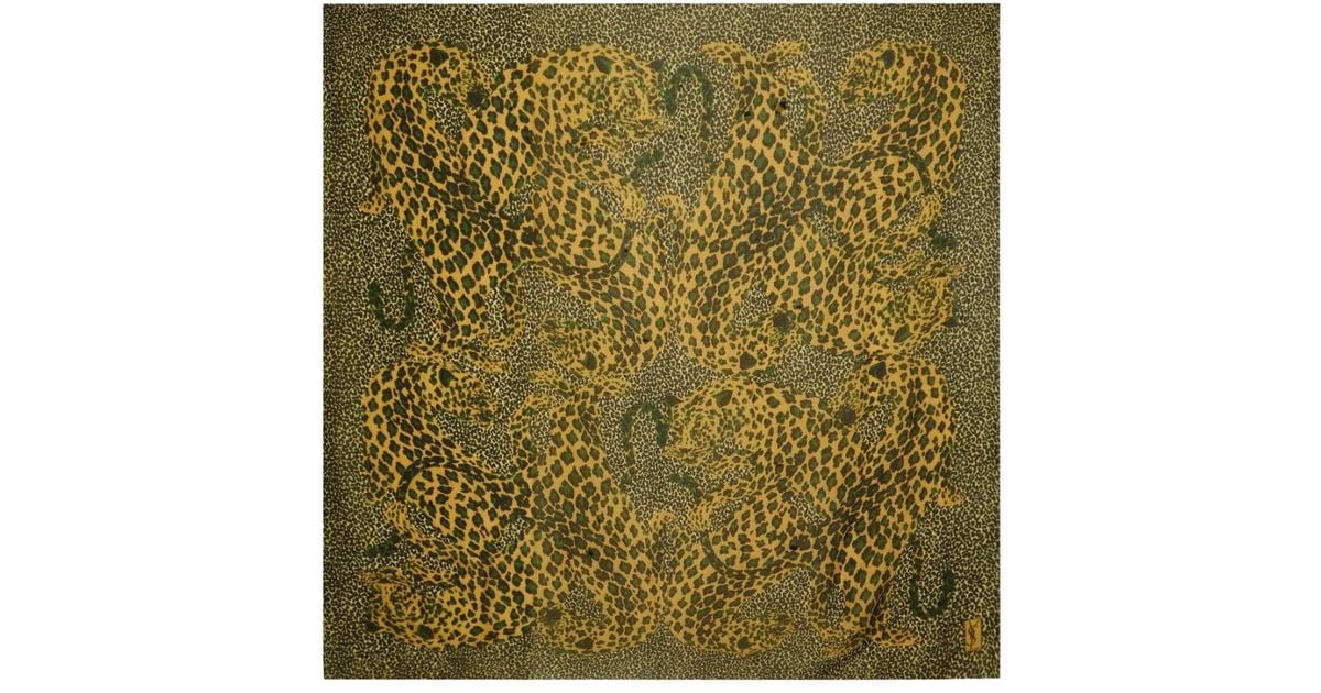 Leopard Print Monogram Saint Laurent Leopard-Print Animal Patterned Square Scarf in Green | Lyst