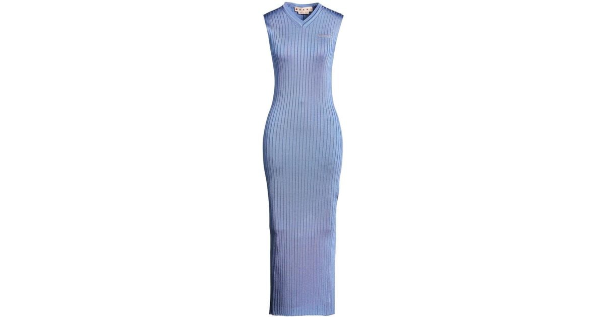 Dressing Styl Marni V-Neck Sleeveless Ribbed Knit Midi Dress in Blue | Lyst