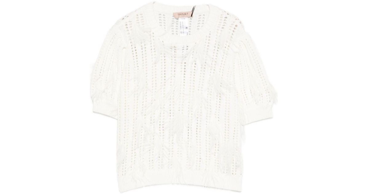 Twinset Openwork Fringe Knitted Sweater in White | Lyst