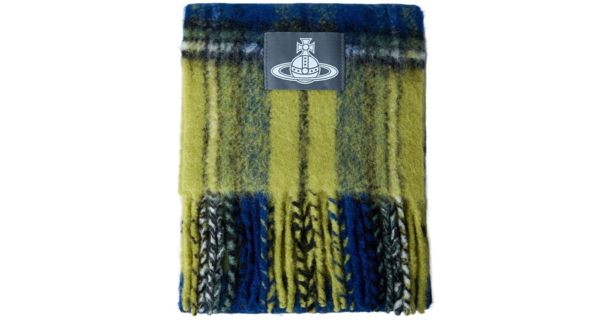Vivienne Westwood Logo Patch Checked Fringed Scarf in Green | Lyst UK