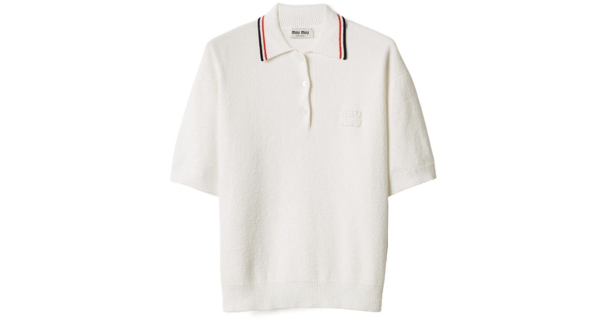 Miu Miu Short-Sleeved Knitted Polo Shirt in White | Lyst