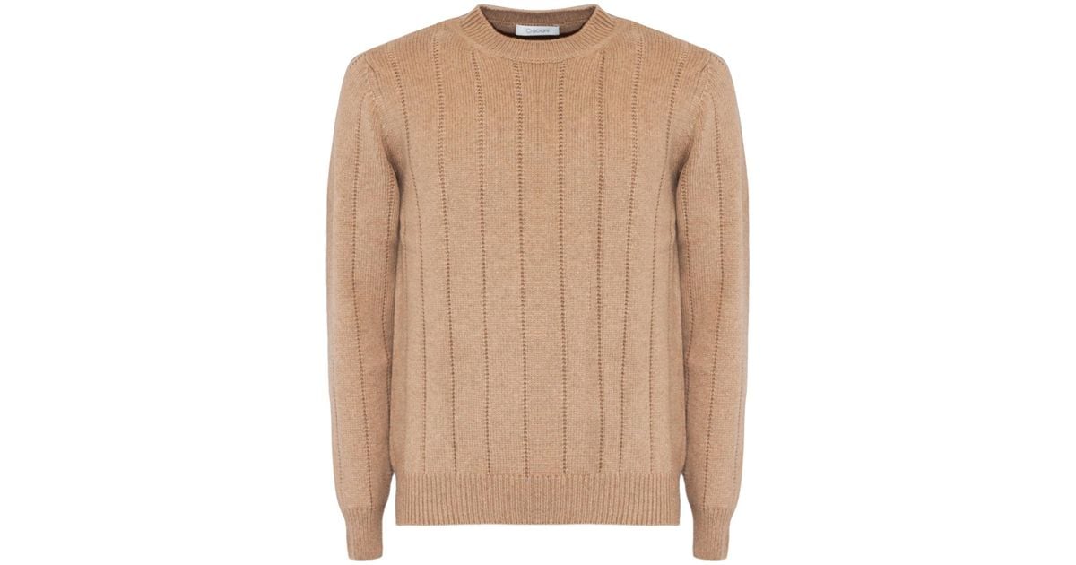 Natural Vertical Ribbed Crew Neck Knitted Sweater
