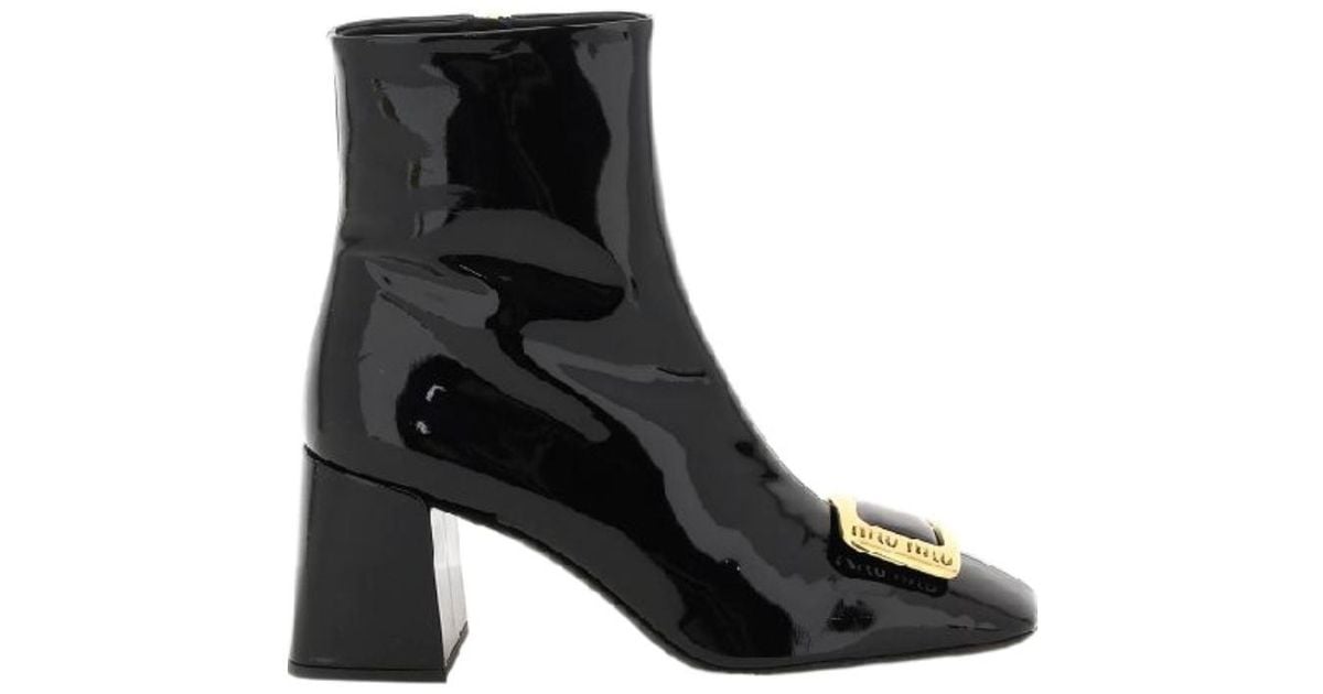 Miu Short Boots Black Paint Calfskin