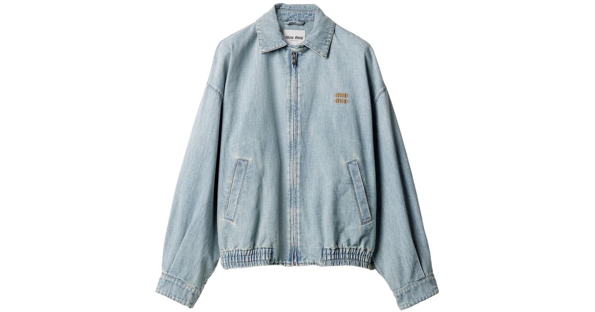 Miu Miu Logo-Detailed Zipped Denim Jacket in Blue | Lyst