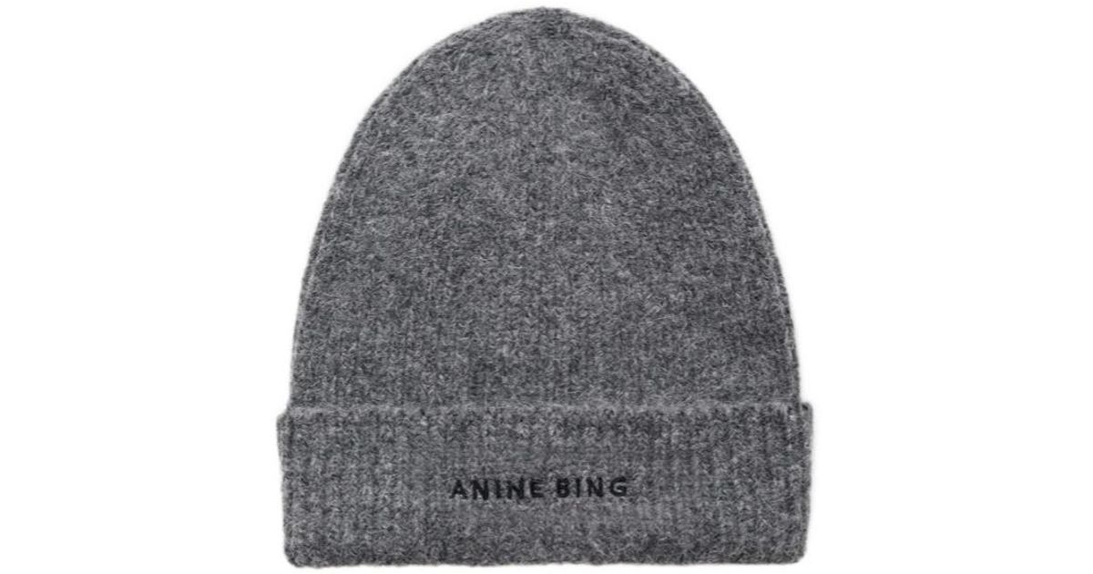 Anine Bing Elia Logo Embroidered Beanie in Gray | Lyst