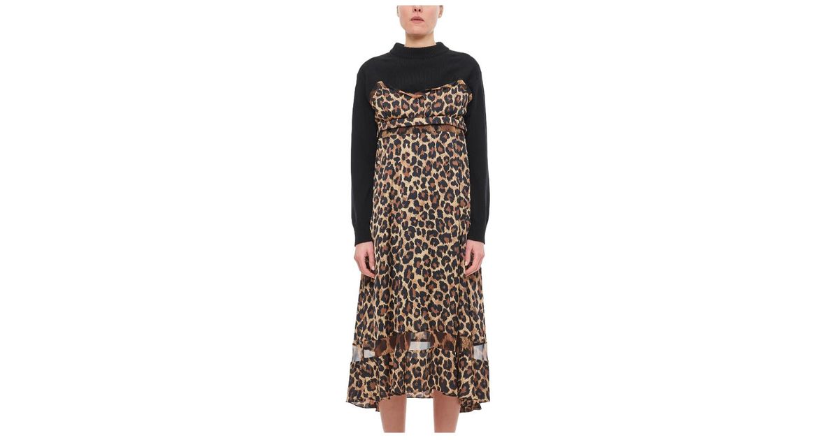 ■sacai■サカイ■Leopard Print Jersey & Satin Midi Dress■ Sacai Mixed Media Leopard Print Jersey & Satin Midi Dress in