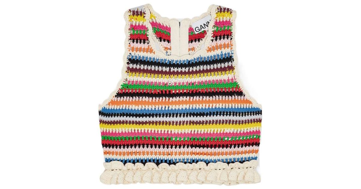 Ganni Multicolour Crochet Frill Top in Red | Lyst