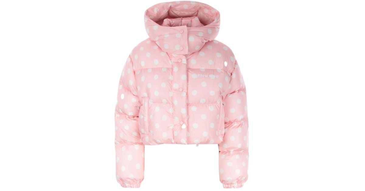 Miu Miu Polka-Dot Cropped Puffer Jacket in Pink | Lyst