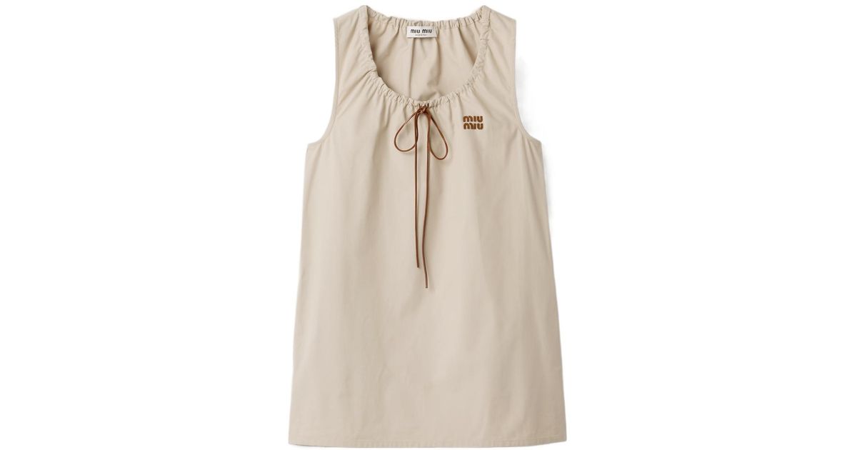 miu miu panama cotton dress Tie-Neck Logo Mini in Natural Ladies dresses Size:s/m JumpSuits Vampire Diaries star Kat Leather lettering logo