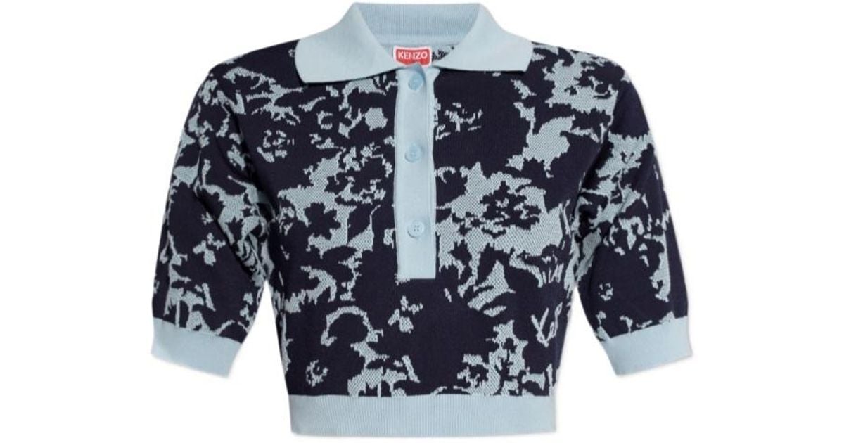 KENZO Flower Jacquard Cropped Fine Knit Polo Top in Blue | Lyst