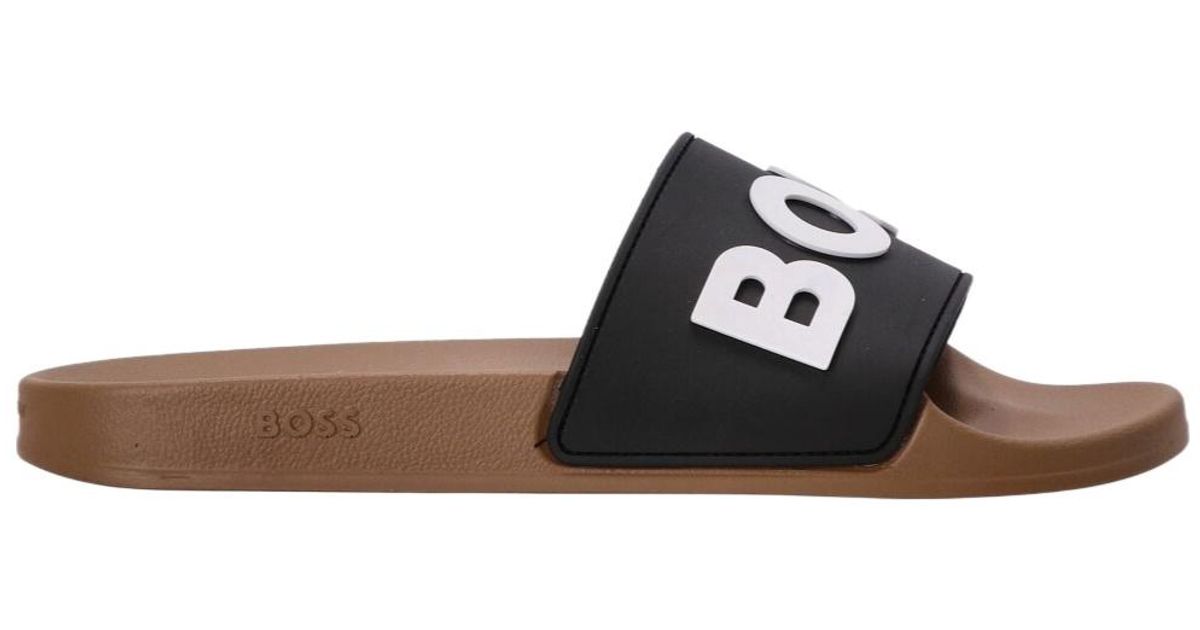 BOSS Logo-Embossed Slides in Brown for Men | Lyst