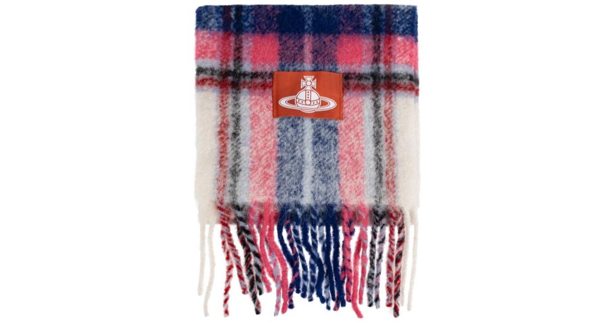 Vivienne Westwood Logo Patch Checked Fringed Scarf in Blue | Lyst UK