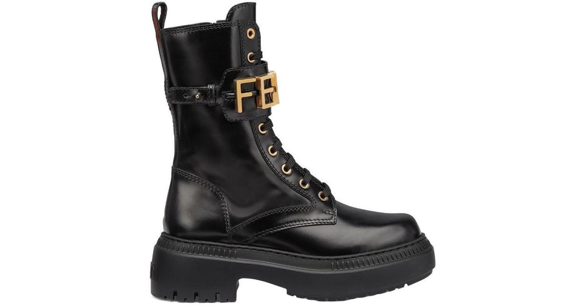 Fendi Logo Plaque Lace-Up Biker Boots in Black | Lyst