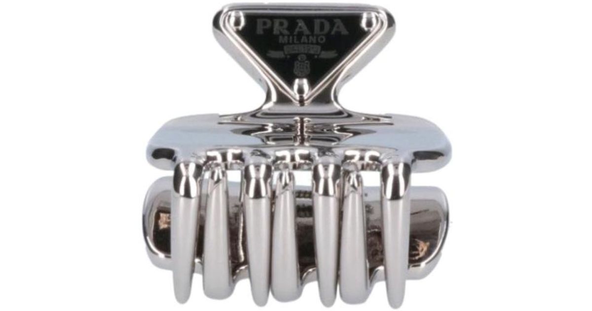 Prada Silver Metal Hair Claw Clip with Black Logo Triangle Prada Prada Triangle Logo Hair Clip Silver Black | Grailed main image 4