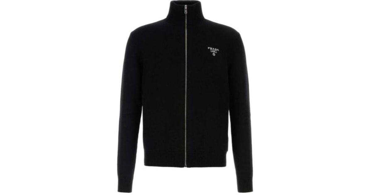 Prada Logo Embroidered Full-Zipped Knitted Cardigan in Black for
