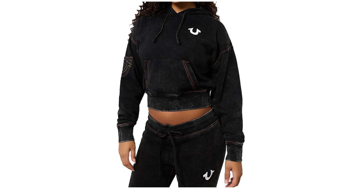 True Religion Vintage Wash Logo Crop Hoodie in Black | Lyst