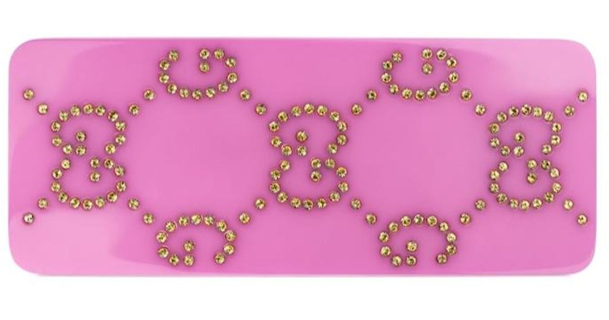 Gucci Pink Rhinestone GG Logo Interlocking Hair Clip Gucci Resin Crystal Embellished GG Double Heart Hair Clip  main image 4