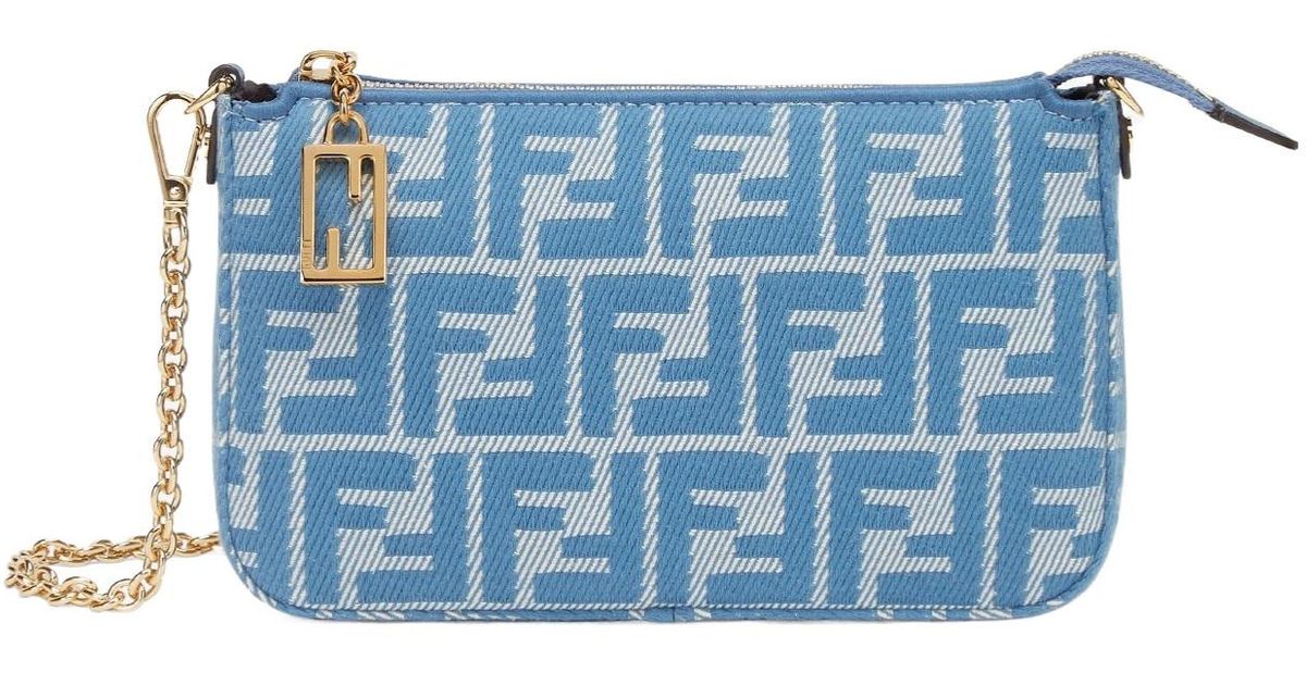 Fendi Denim-Effect Ff Jacquard Charm Pouch With Chain in