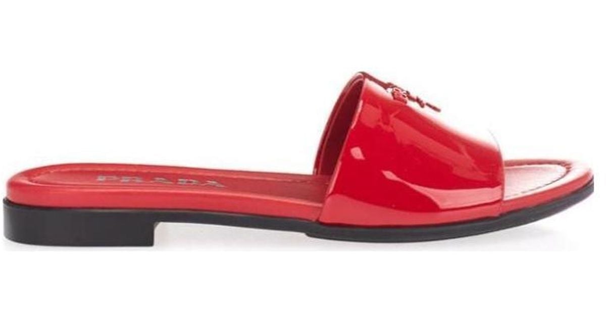 Prada Flat Bottom Logo Sandals in Red | Lyst