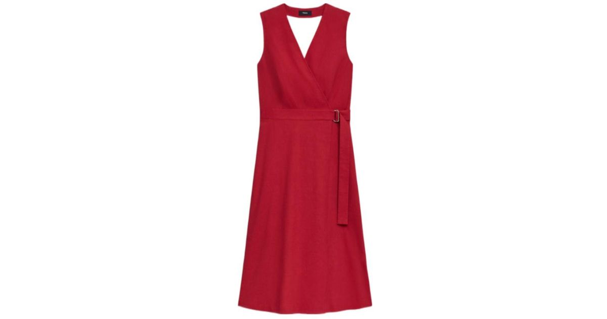 theory sleeveless a line wrap dress A-Line in Red Color:Other color