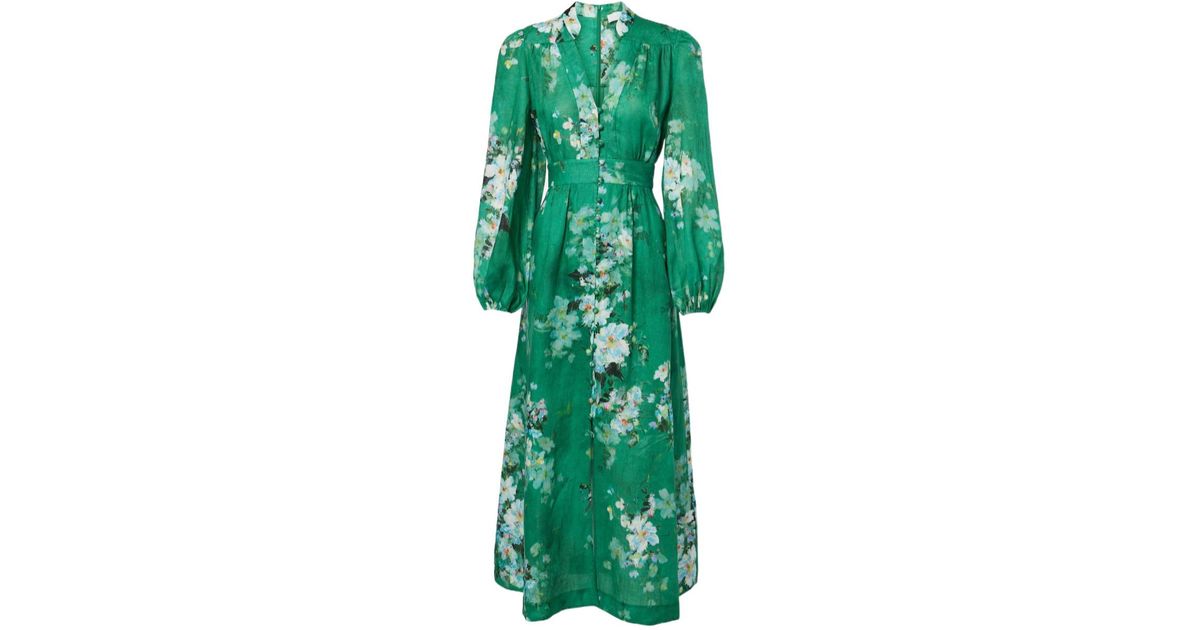 Zimmermann Everley Plunge Floral Linen Midi Dress in Green | Lyst