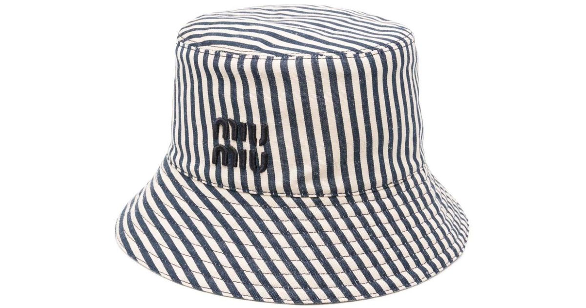 Miu Miu Striped Bucket Hat in White | Lyst