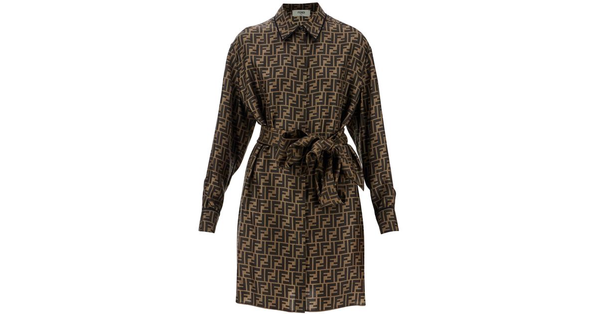Fendi FF Silk Twill Belted Shirt Dress in Brown | Lyst