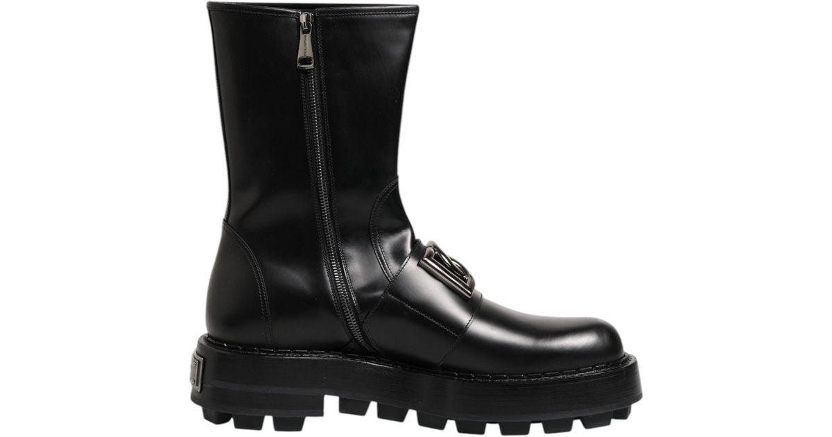 Dolce & Gabbana Black Logo Plaque Mid Calf Biker Boots Shoes
