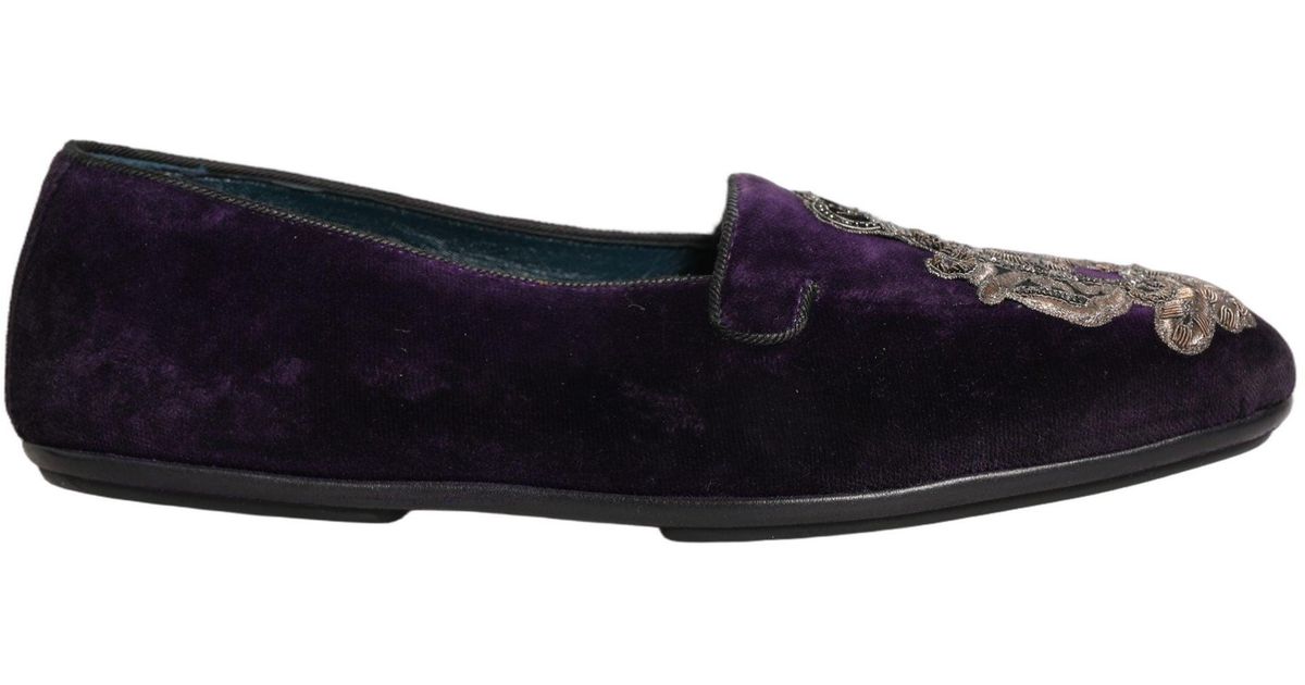 Dolce & Gabbana Purple Velvet Crown Embroidery Loafers Men\'s Shoes Dolce & Gabbana Purple Velvet Crown Embroidery Loafers Shoes  main image 4
