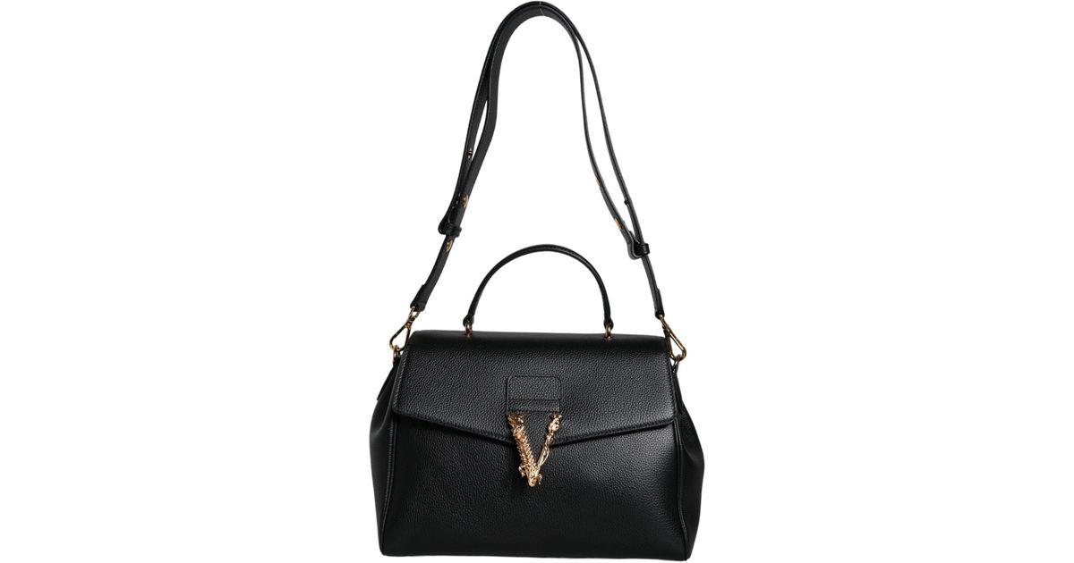 Versace Black Top Handle Canvas Leather Logo Crossbody Tote Bag