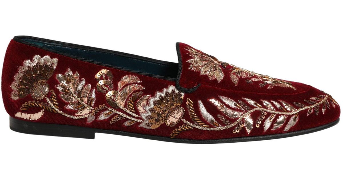 Dolce & Gabbana Red Velvet Floral Embroidery Loafers Shoes  display picture 3