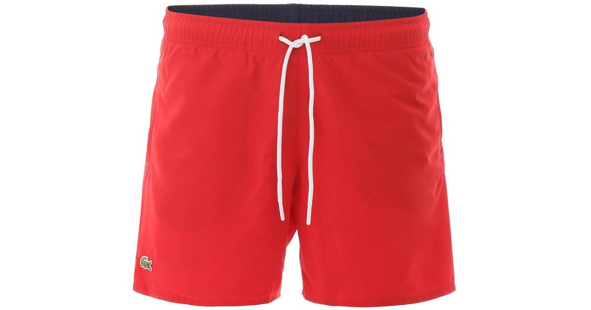 Lacoste Logo Patch Swim Trunks in Red 
