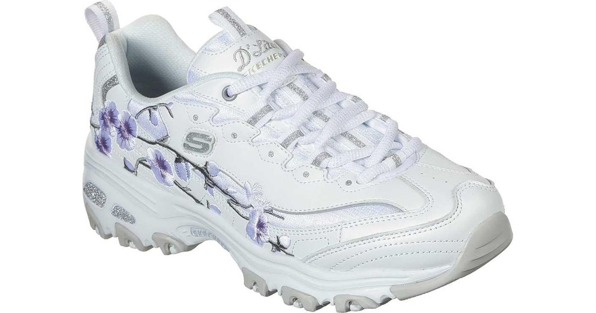 Skechers Leather D'lites Soft Blossom Sneaker in White/Lavender (White ...