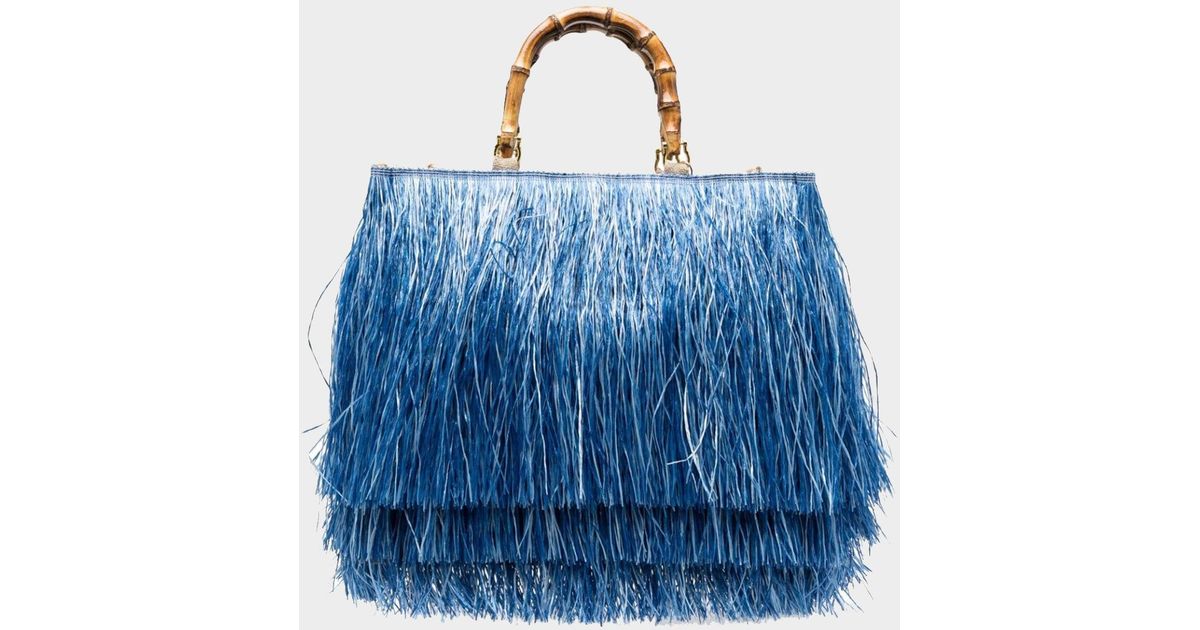 La Milanesa Scicli Fringed-raffia Large Tote Bag In Blue | Lyst